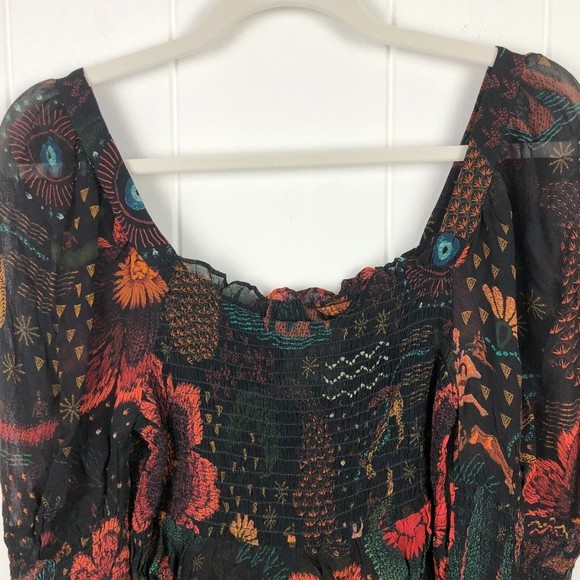 Farm Rio Black River Creatures Smocked Blouse X-Small - Picture 10 of 16